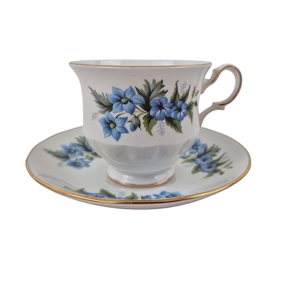 Ridgway Queen Anne China Tea Cup Saucer Set D178 Blue Floral Pattern Gold Trim